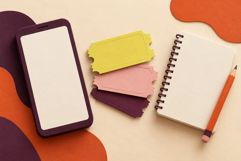 Teléfono, tickets y cuaderno en papel